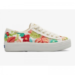 Keds Triple Kick Tropical Embroidery Platform Sneakers Damen Weiß Koralle | 12305YKGF