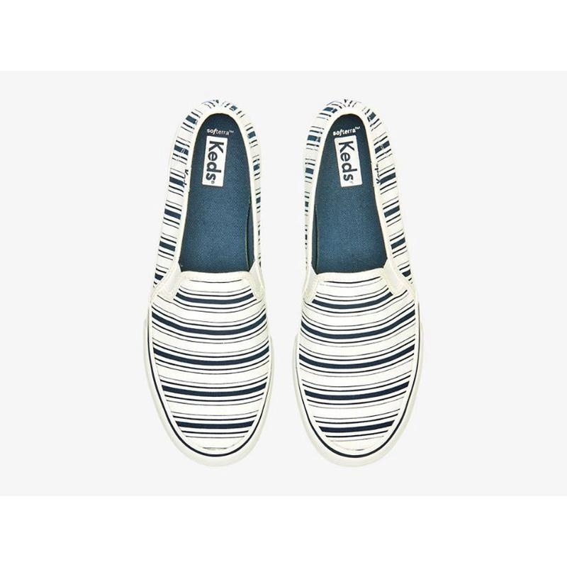 Keds Double Decker Canvas Stripe Halbschuhe Damen Weiß Navy | 18079ZNTF