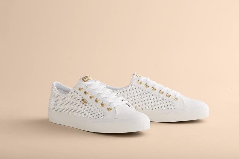 Keds Jump Kick Perforated Leder Leather Sneakers Damen White/Gold | 87502ALJY