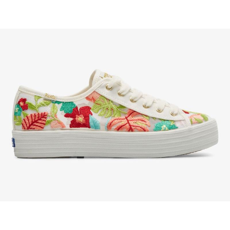 Keds Triple Kick Tropical Embroidery Lace Ups Damen Weiß Koralle | 62930MZFE