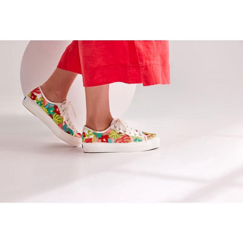 Keds Triple Kick Tropical Embroidery Platform Sneakers Damen Weiß Koralle | 12305YKGF