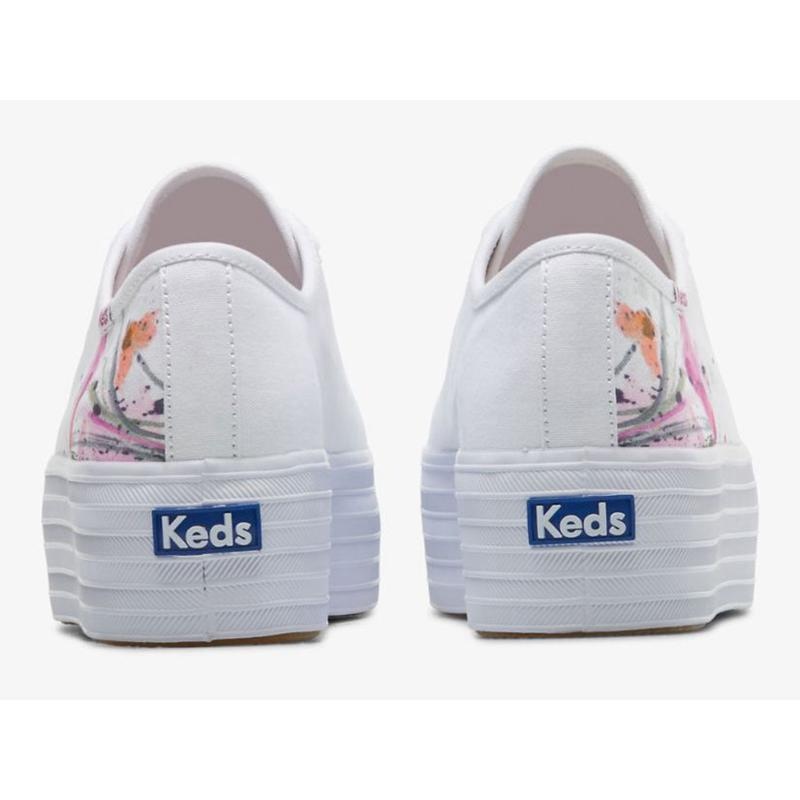 Keds Triple Up Canvas Painterly Floral Lace Ups Damen Weiß Rosa | 76853ZHLK