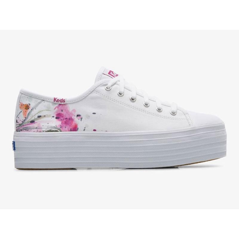 Keds Triple Up Canvas Painterly Floral Platform Sneakers Damen Weiß Rosa | 50791QPAZ